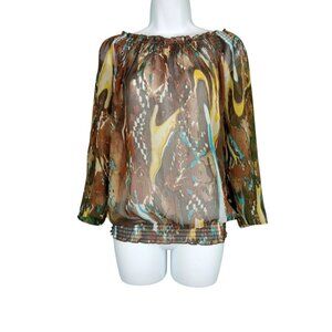 Additions by Chicos Sheer Boho Pattern Elastic Hem/Neckline Blouse Size 2 (med)
